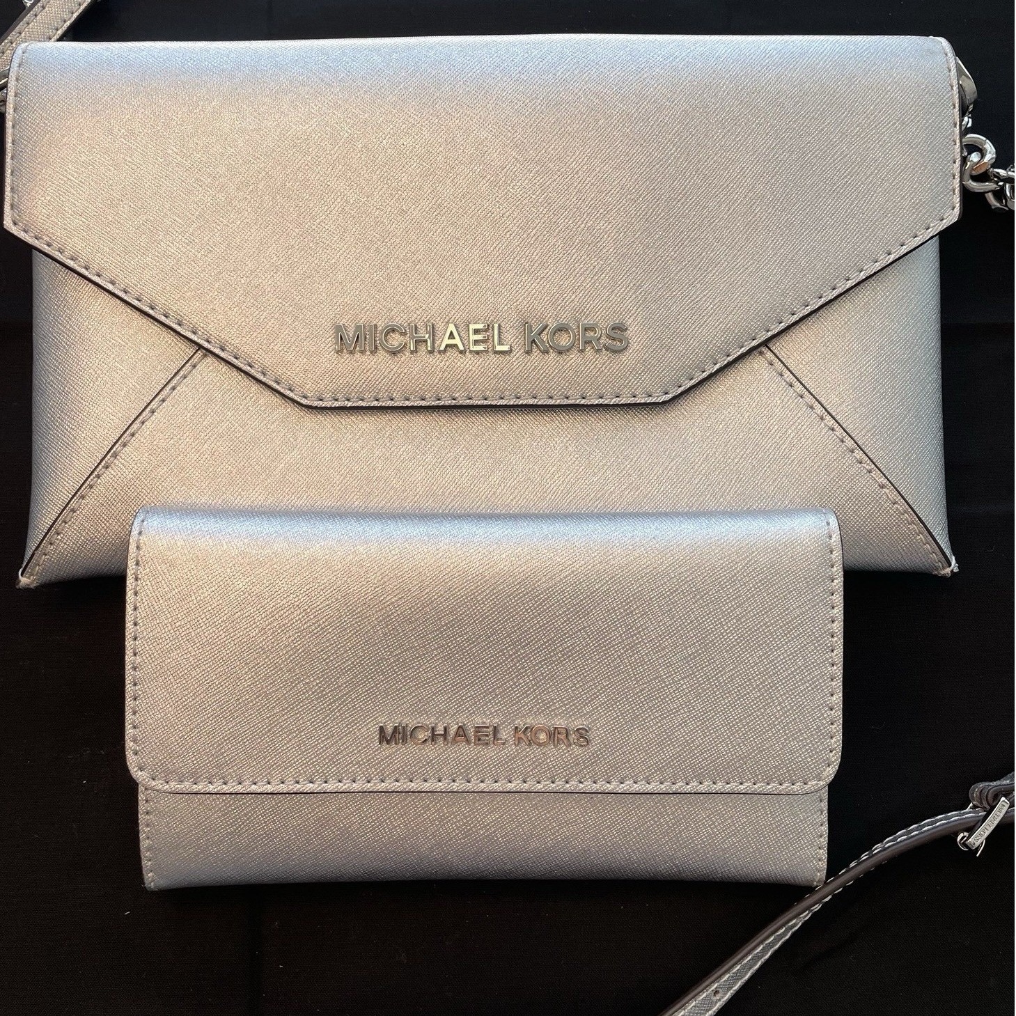 Michael Kors Jet Set Leather Clutch Purse & Wallet. Silver Set Of 2. New